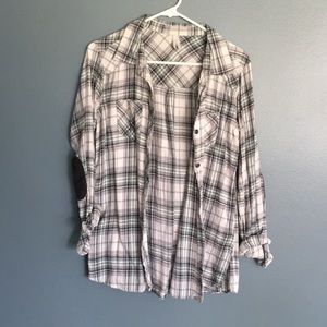 Green/gray/white button up shirt